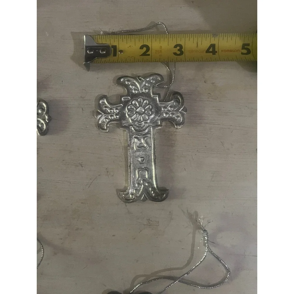Vintage Silver Tone Embossed Metal Cross Ornaments Set of 4 Floral Design 4 Inch